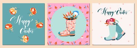 Easter card set. Flowers in wellies. Happy easter holiday handwritten calligraphy text. Floral spring arrangement. Small hearts on a background. Pastel colour pre-made greeting cards.のイラスト素材