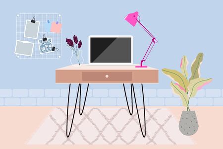 Home office workspace. Laptop and lamp on the table. Light blue room interior illustration. Working from home concept. Isolation and quarantine during the coronavirus. Beautiful work space design.のイラスト素材