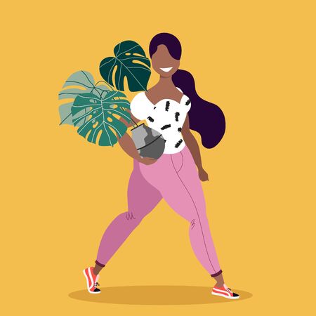 A girl holding house plant. Isolated female character with a flower in pot. Happy long hair girl illustration. Girl in pink jeans and white t-shirt. Trendy stylish girl and flower. Florist, gardener.のイラスト素材