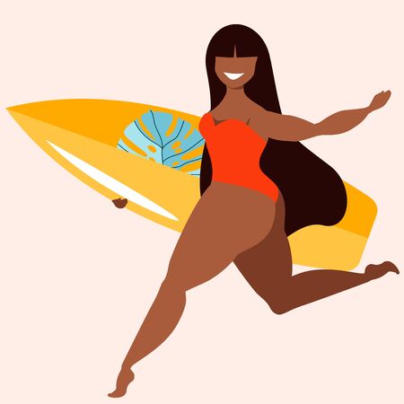 Dark hair girl holding surfing board. A girl with a surfing board. Tanned beauty female surfer. Active summer sports hand-drawn vector illustration. Trendy Hawaiian poster design for web and print.のイラスト素材