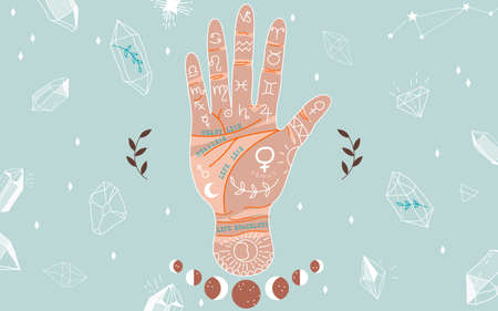Palmistry and hieromancy. Hand lines and their meanings. Moon phases. Crystals in variety of shapes. Magical hand drawn vector illustration for web and print design. Trendy colourful palmistry hand.のイラスト素材