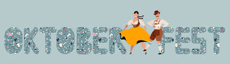 Oktoberfest terrazzo sign. Man and woman drinking beer and celebrating beer fest. Traditional German costumes. Beer festival in Germany. Happy people modern hand drawn vector illustration.のイラスト素材