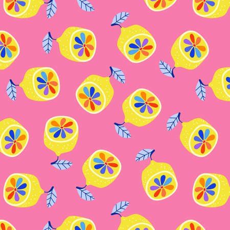 Rainbow lemons on pink pattern. Trendy hand-drawn vector stylised lemons on a pink background. Pride, summertime concept. Crazy coloured lemon wallpaper design for web banner and print.のイラスト素材