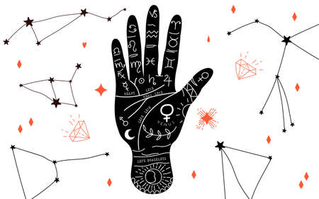 Palmistry and hieromancy. Hand lines and their meanings. Moon phases. Crystals in variety of shapes. Magical hand drawn vector illustration for web and print design. Trendy colourful palmistry hand.のイラスト素材