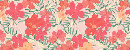Tropic red flower pattern. A fabric surface. Beautiful seamless botanical Hawaiian style design. Exotic hibiscus pastel illustrated texture.の写真素材