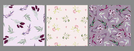 Modern violet, purple and beige branch and flower patterns. Elegant feminine vector ornament set. Branches with berries and leafs. Botanical arrangements for web, textile, fabric, stationery. Seamlessの写真素材
