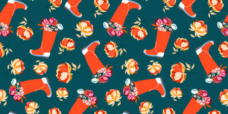 Easter patternFlowers in wellies seamless pattern. Easter holiday celebration. Spring mood and holiday floral arrangement. Beautiful vector design for web and print.の写真素材