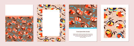 Floral invitation set. Hand drawn banner, leaflet templates. Botanical abstract design. Cards and posters. Big flowers. Trendy illustrated brown and beige cards. Stationery template design collection.の写真素材