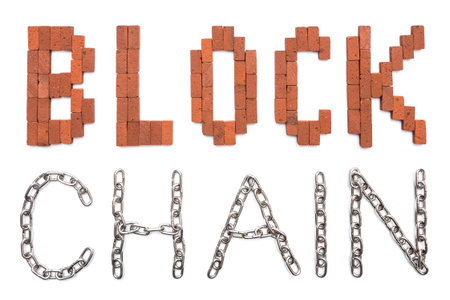 Blockchain illustration. Words are written with bricks and chains on white background
