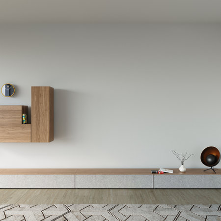 Interior of modern living room with white walls, tiled floor, wooden cupboards and gray wall. 3d renderingの写真素材