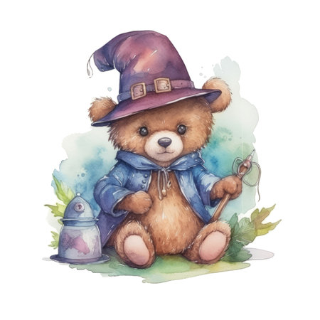 Watercolor illustration of a cute teddy bear in a witch's hatの素材