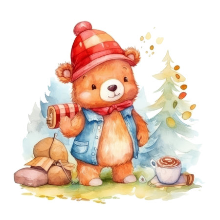Cute teddy bear in a hat and scarf with a mug of hot cocoa. watercolor illustrationの素材