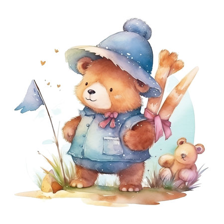 Cute teddy bear in a hat. Watercolor illustration.の素材