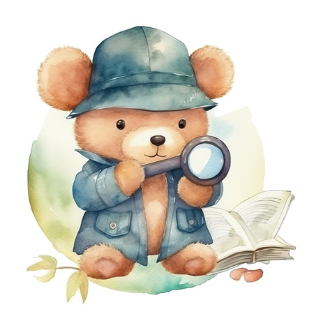 Watercolor teddy bear with a magnifying glass and a bookの素材