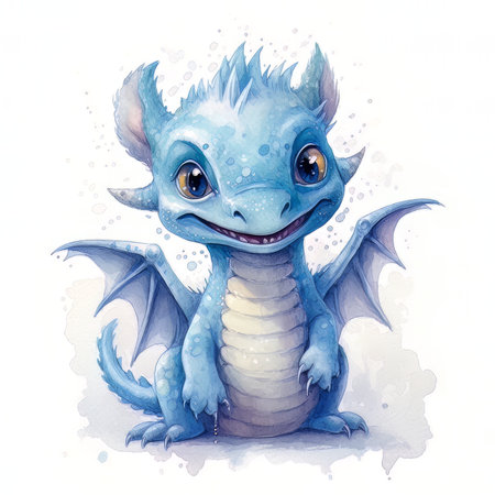 Cute cartoon dragon isolated on white background. Watercolor illustration.の素材