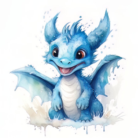 watercolor illustration of a cute blue dragon on a white background.の素材