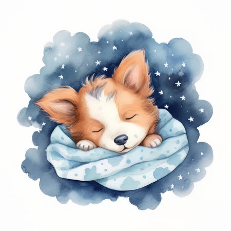 Corgi puppy sleeping in a blue blanket. watercolor illustrationの素材