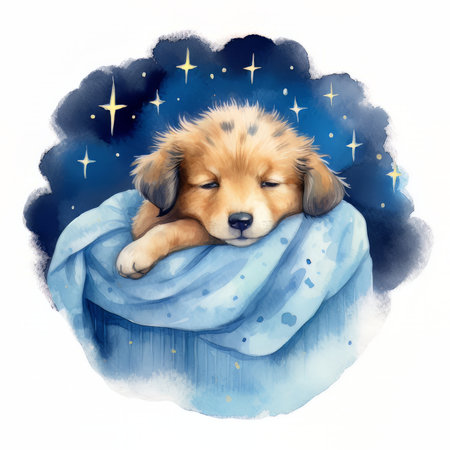 Cute golden retriever puppy sleeping on a blue pillow. watercolor illustrationの素材