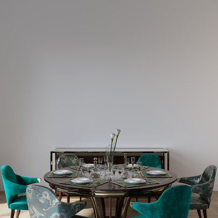Interior of modern dining room with table and chairs. 3d renderの写真素材