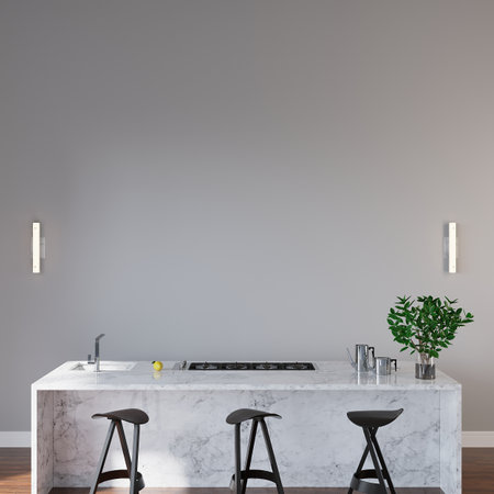 Interior of modern kitchen with white walls, concrete floor, white countertops, white sink and bar with stools. 3d renderingの写真素材