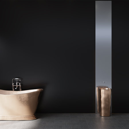 Interior of modern bathroom with black and wooden walls, concrete floor, comfortable bathtub and golden sink. 3d renderingの写真素材