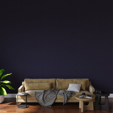 Interior of modern living room with dark blue wall, sofa and coffee table. 3d renderの写真素材