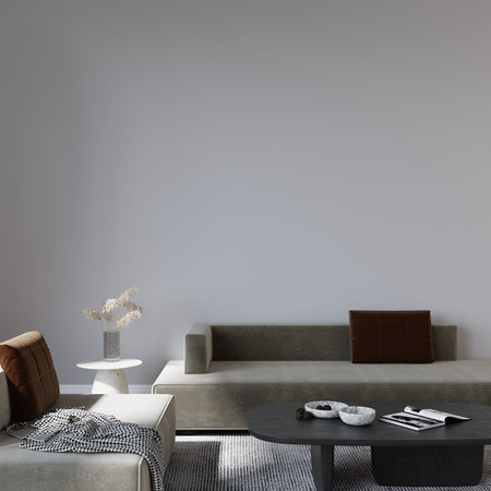 Interior of modern living room with gray sofa, coffee table and white wall. 3d renderの写真素材