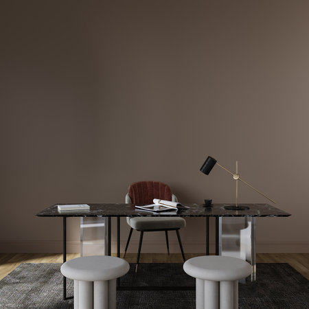 Interior of modern dining room with brown walls, wooden floor, white round tables with chairs and bookcase. 3d renderingの写真素材