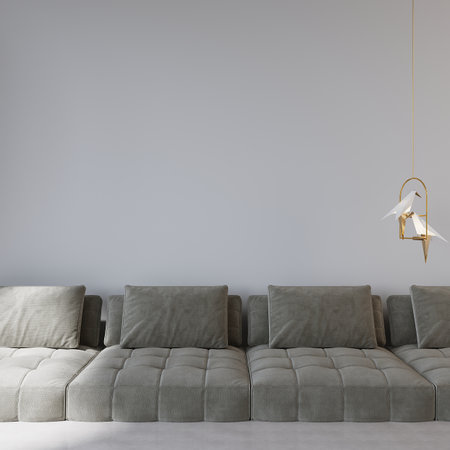 Interior of modern living room with gray sofa and lamp. 3d renderの写真素材