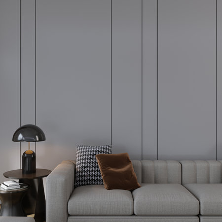 interior with gray sofa, coffee table and black lamp. 3d renderの写真素材