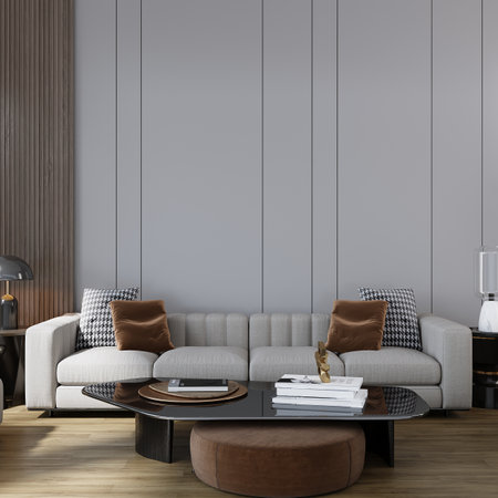 Interior of modern living room with gray walls, wooden floor, gray sofa and coffee table. 3d renderの写真素材