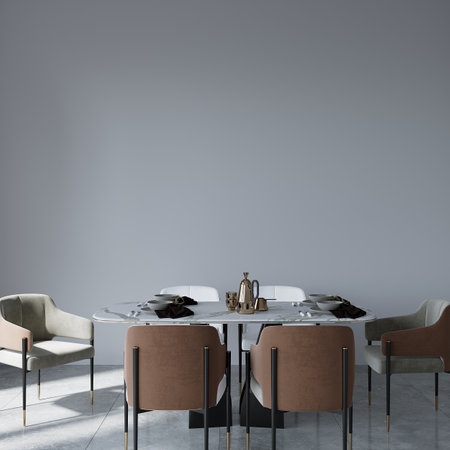 Interior of modern dining room with gray walls, concrete floor, round table with beige chairs and brown armchairs. 3d renderingの写真素材