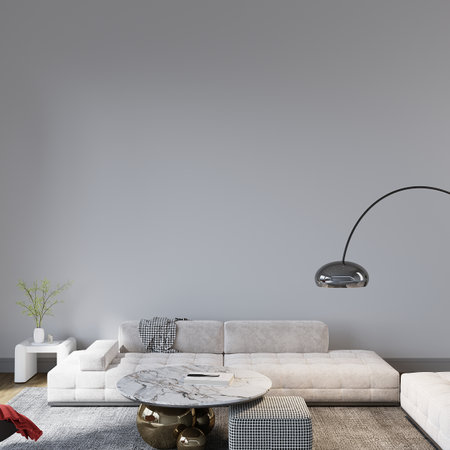 Interior of modern living room with gray walls, concrete floor, white sofa and coffee table. 3d renderの写真素材