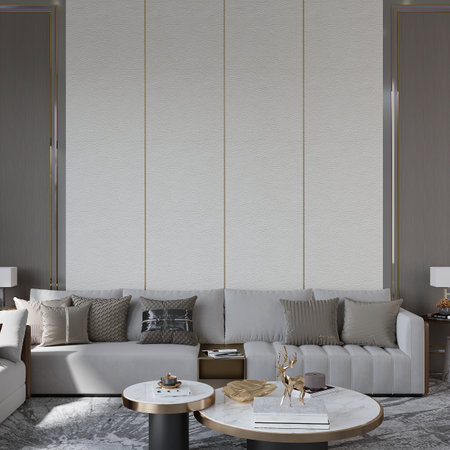 Interior of modern living room with white walls, concrete floor, comfortable white sofa standing near round coffee table and gold coffee table. 3d renderingの写真素材