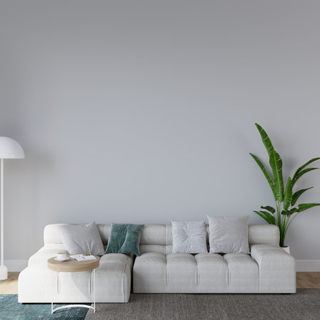 Interior of modern living room with white sofa and gray wall. 3d renderの写真素材