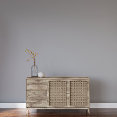 Interior of modern living room with wooden chest of drawers. 3d renderの写真素材