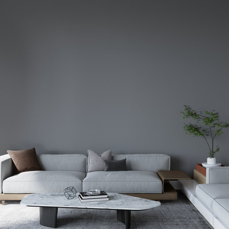 Interior of modern living room with gray walls, gray sofa and coffee table. 3d renderの写真素材