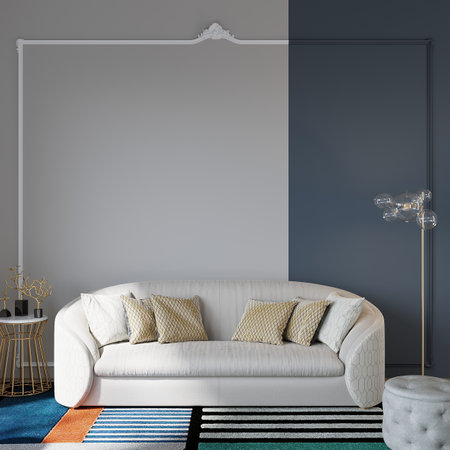 Interior of modern living room with white sofa, carpet and blue wall. 3d renderの写真素材
