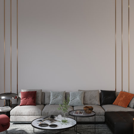 Interior of modern living room with white walls, concrete floor, comfortable brown sofa and coffee table. 3d renderの写真素材