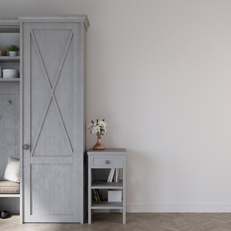 Interior of modern living room with white walls, wooden floor, gray wardrobe and bookcase. 3d renderの写真素材