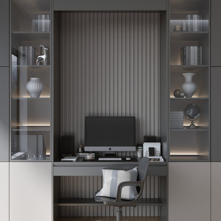 Interior of modern office with gray walls, wooden floor, gray computer table with gray armchair and bookcase. 3d renderingの写真素材
