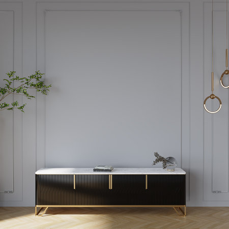 Bathroom interior with white walls, wooden floor, comfortable black bathtub standing near white wall. 3d renderの写真素材