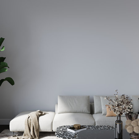 Interior of modern living room with gray walls, concrete floor, white sofa and coffee table. 3d renderの写真素材