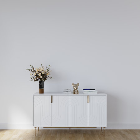 Interior of modern living room with white walls, wooden floor, white chest of drawers and vase with flowers. 3d renderの写真素材