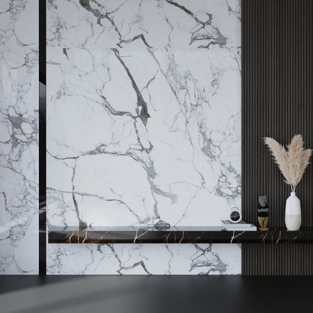Corner of modern living room with white marble walls, concrete floor, black countertops with built in sink and mirror. 3d renderingの写真素材