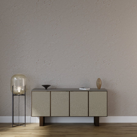Interior of modern living room with beige walls, wooden floor and brown chest of drawers. 3d renderの写真素材