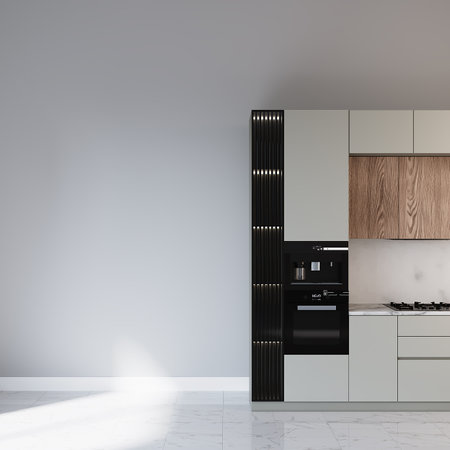 Interior of modern kitchen with white walls, tiled floor, black and wooden cupboards and built in cooker. 3d renderingの写真素材