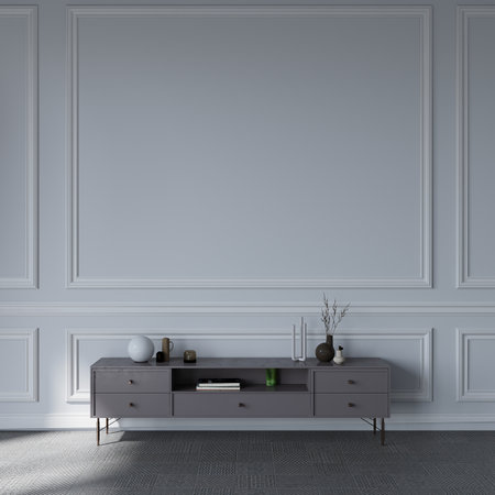 Interior of classic living room with white walls, parquet floor, classic chest of drawers and gray wallpaper. 3d renderの写真素材