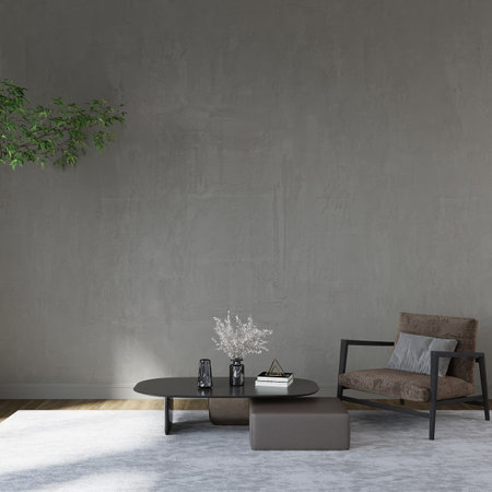 Modern living room interior with a concrete wall, a round coffee table and a black armchair. 3d rendering mock upの写真素材