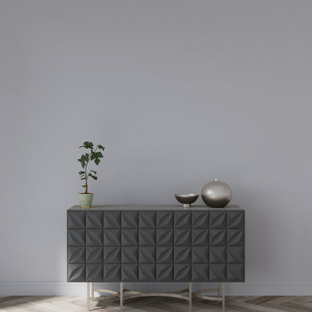 Interior of modern living room with gray walls, wooden floor, gray cabinet and vase with plant. 3d renderの写真素材